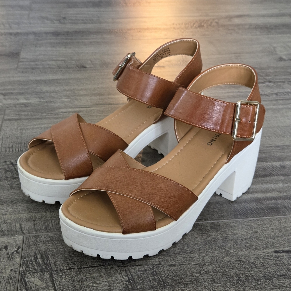 Call It Spring Brown Chunky Heel Sandals